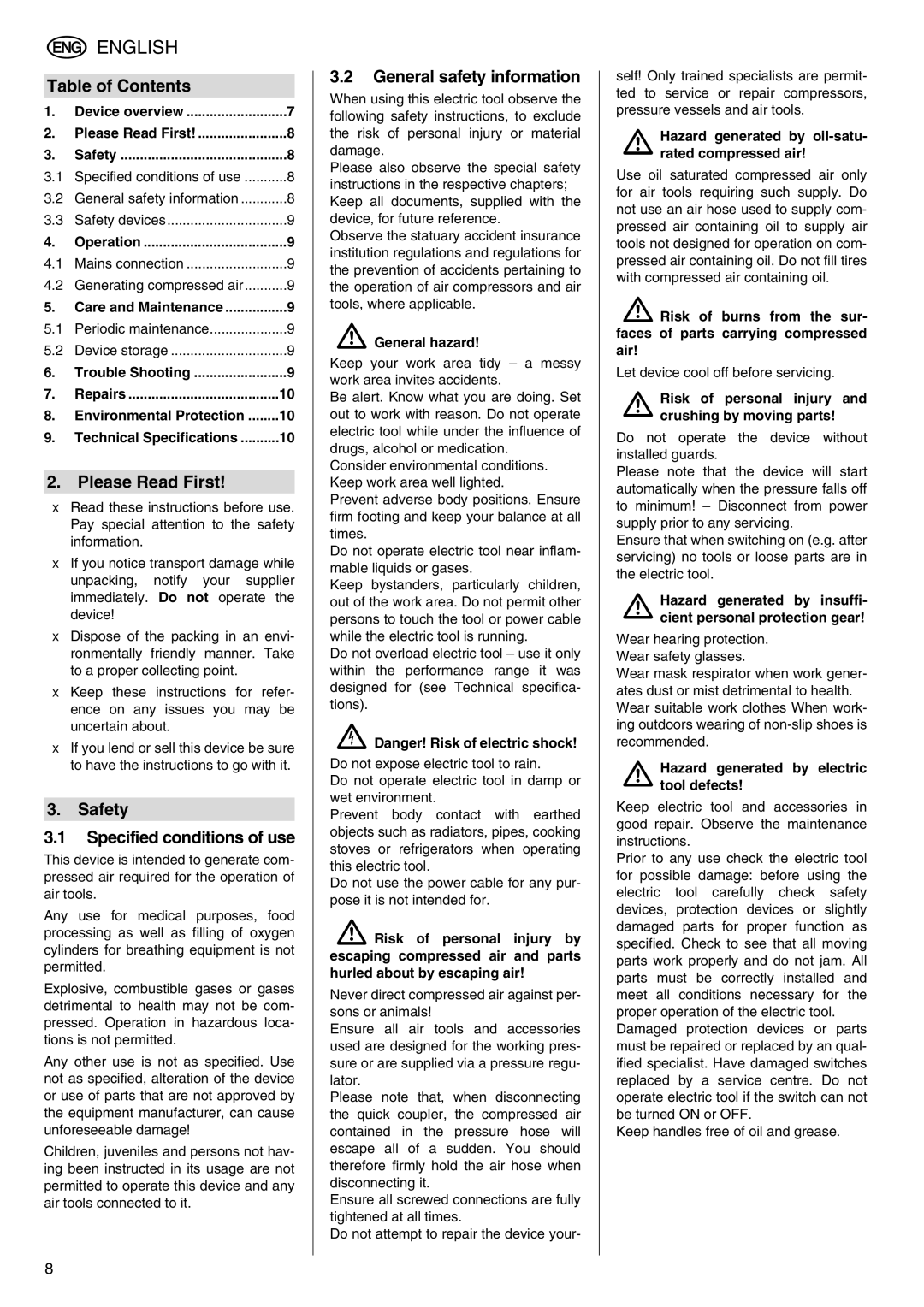 Metabo Power 260 Table of Contents, Please Read First, Safety Specified conditions of use, General safety information 