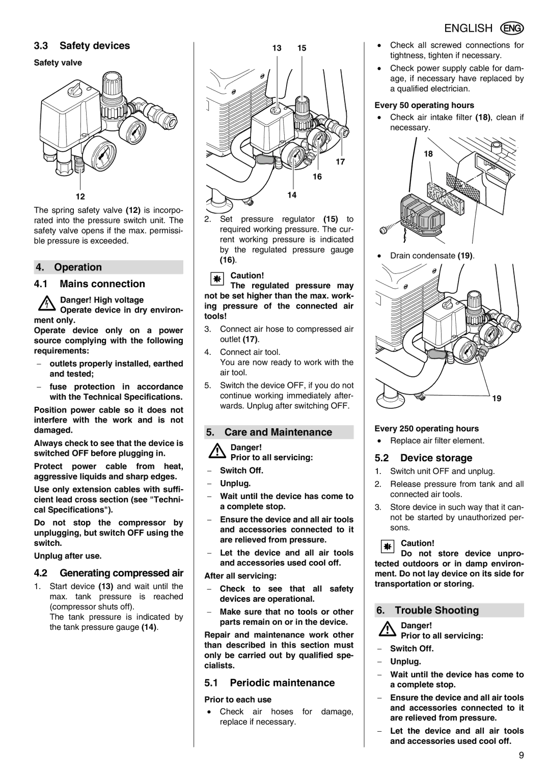 Metabo Power 260 manual Safety devices, Operation Mains connection, Generating compressed air, Care and Maintenance 