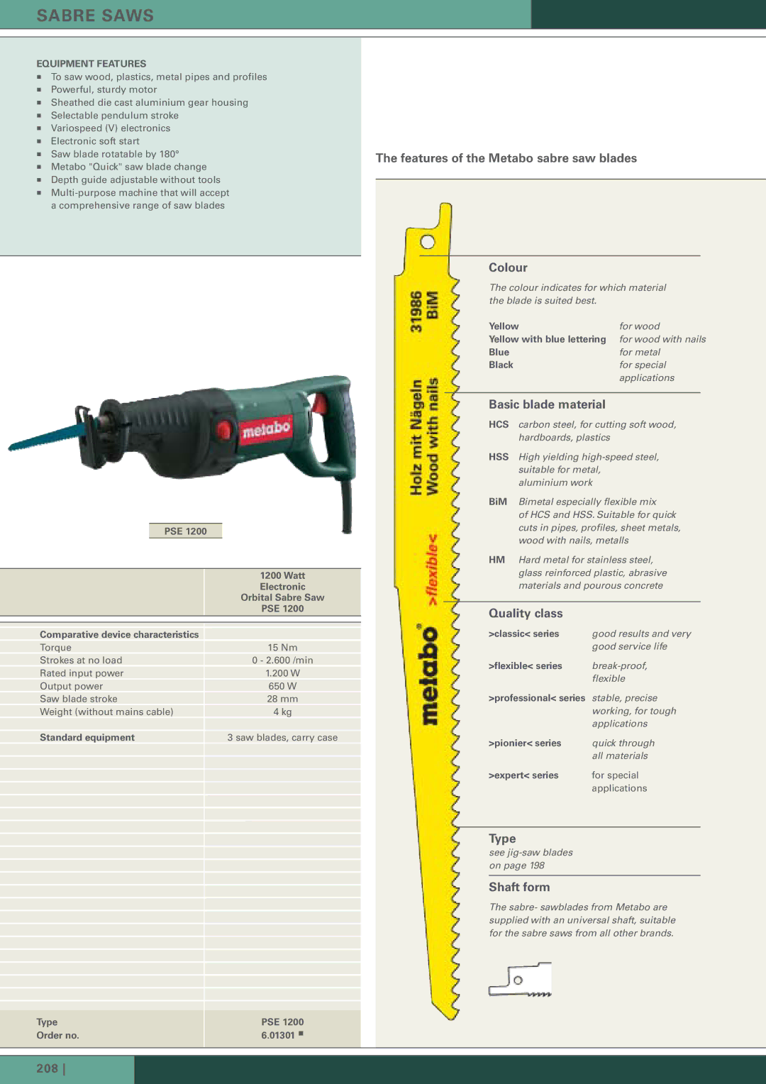 Metabo Ps E 0525, ASE 18 manual Sabre Saws, PSE Watt, Type PSE Order no 01301 