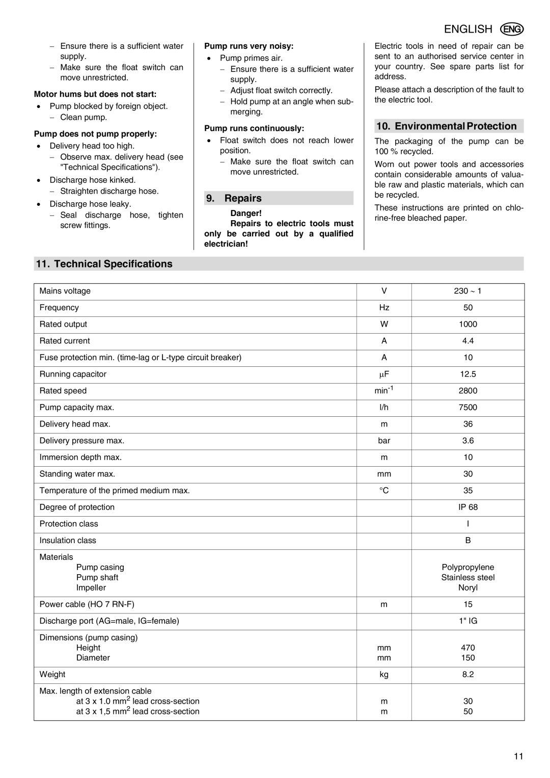 Metabo TDP 7500 S manual Repairs, Environmental Protection, Technical Specifications 