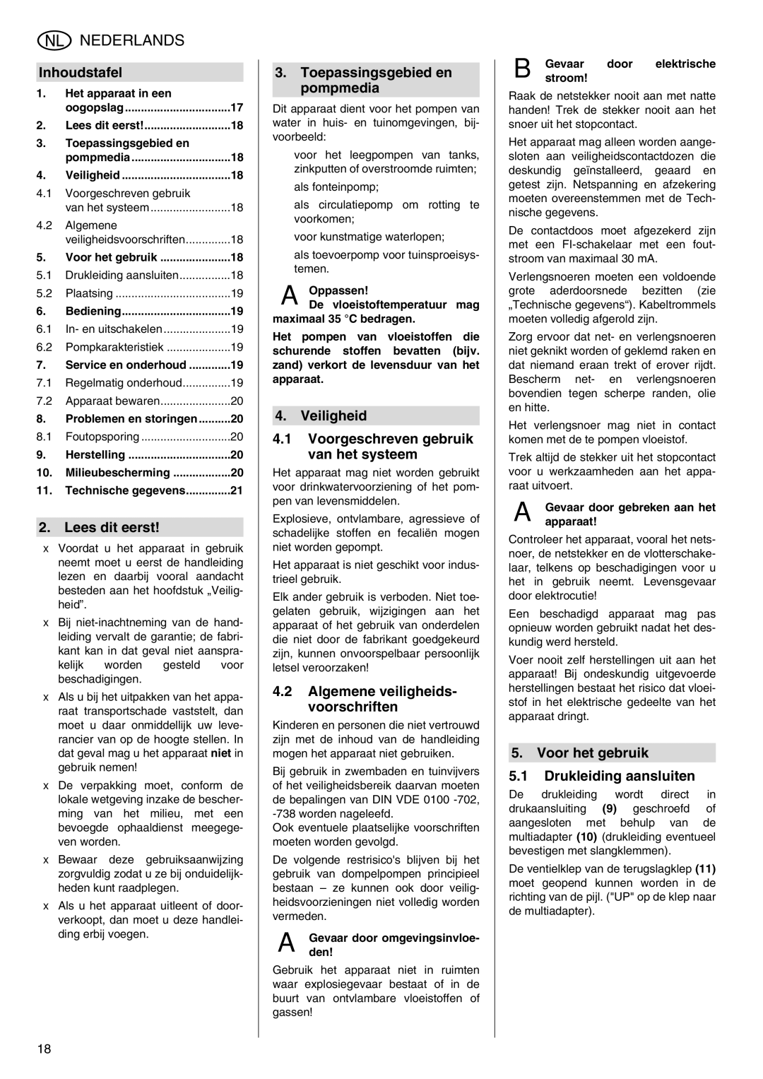 Metabo TDP 7500 S manual Inhoudstafel, Lees dit eerst, Toepassingsgebied en pompmedia, Algemene veiligheids- voorschriften 