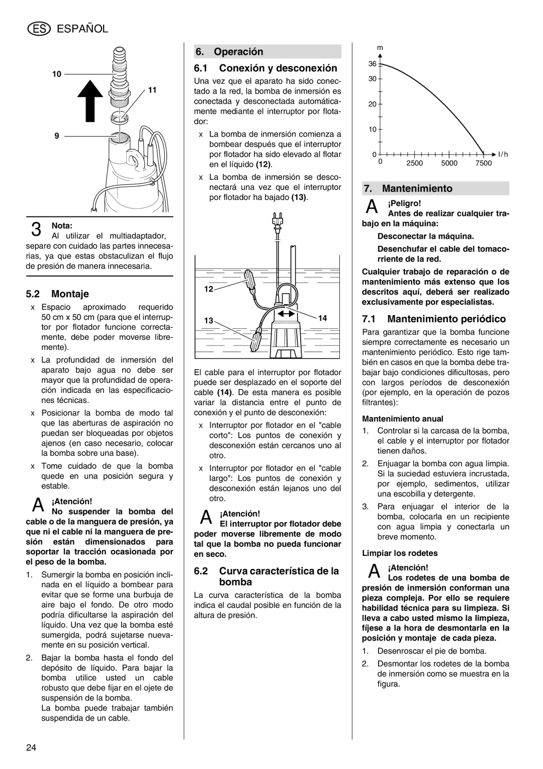 Metabo TDP 7500 S manual Montaje, Operación Conexión y desconexión, Curva característica de la bomba, Mantenimiento 