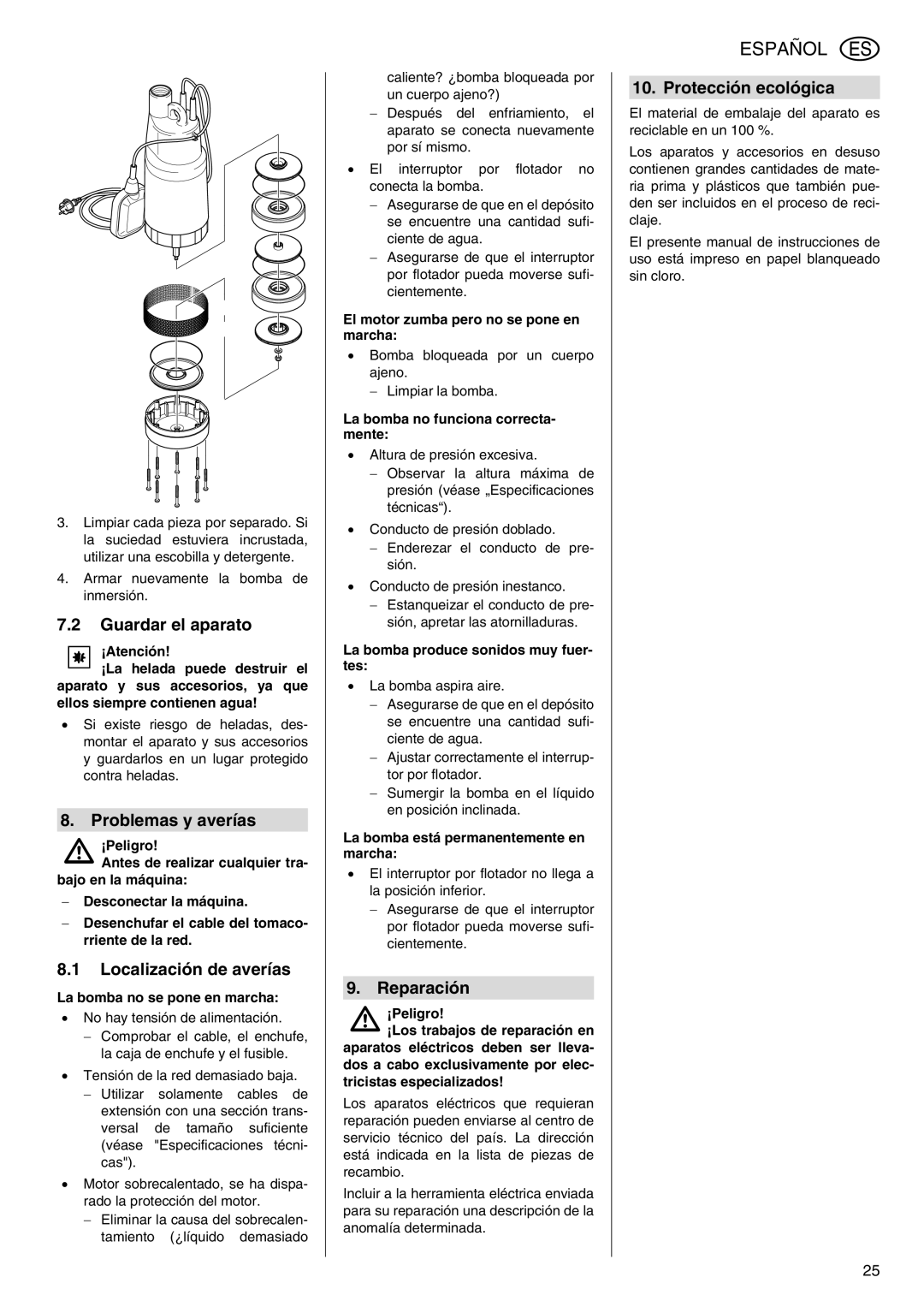 Metabo TDP 7500 S manual Guardar el aparato, Problemas y averías, Localización de averías, Reparación, Protección ecológica 