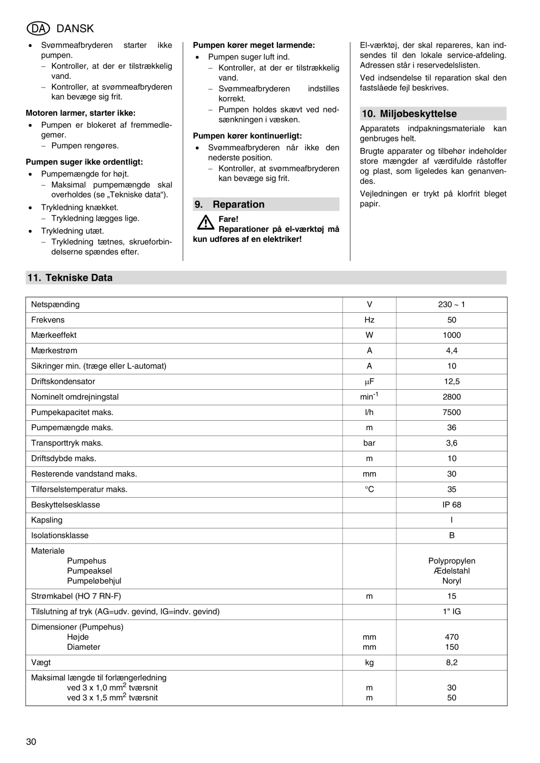 Metabo TDP 7500 S manual Reparation, Miljøbeskyttelse, Tekniske Data 