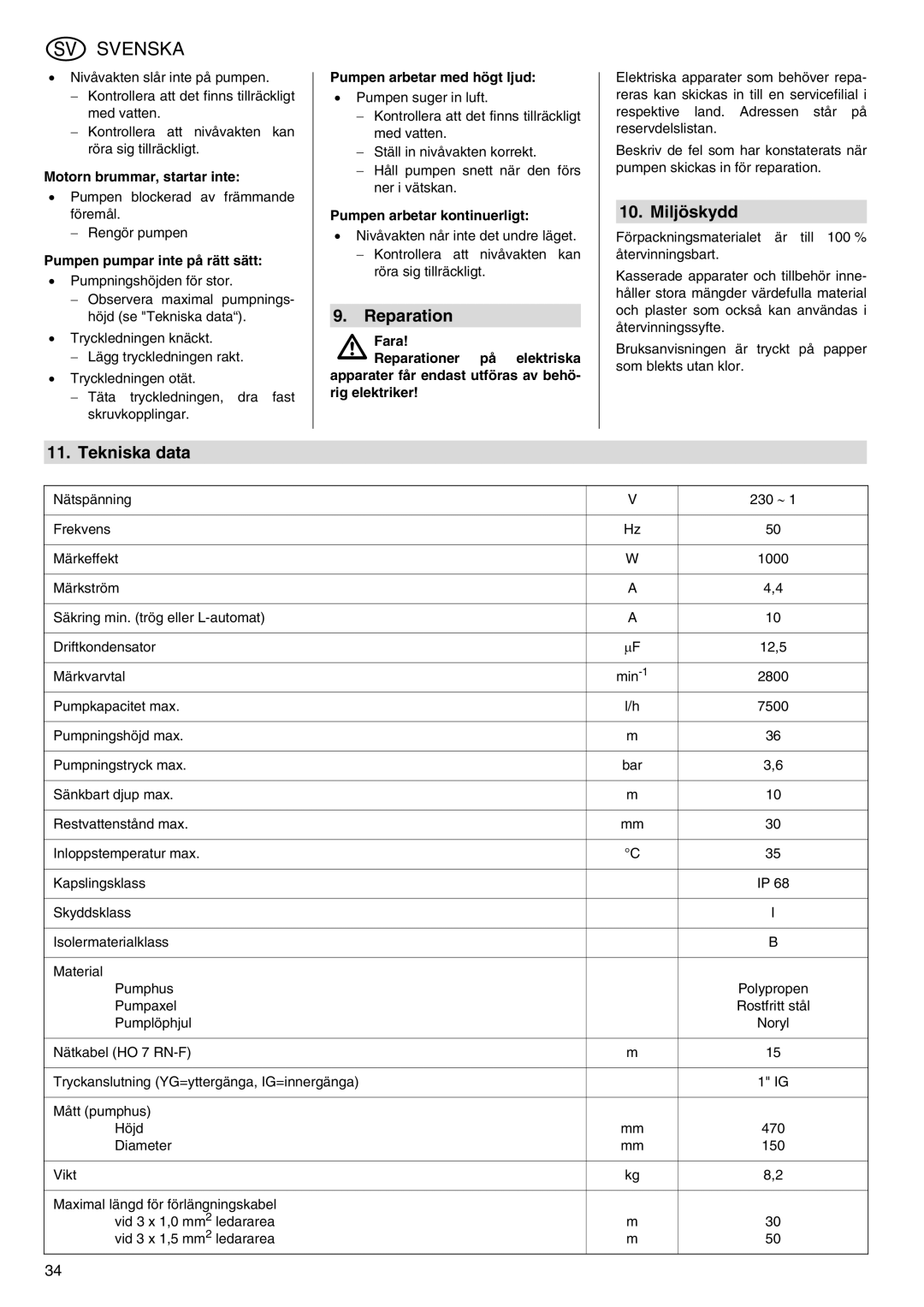 Metabo TDP 7500 S manual Miljöskydd, Tekniska data 