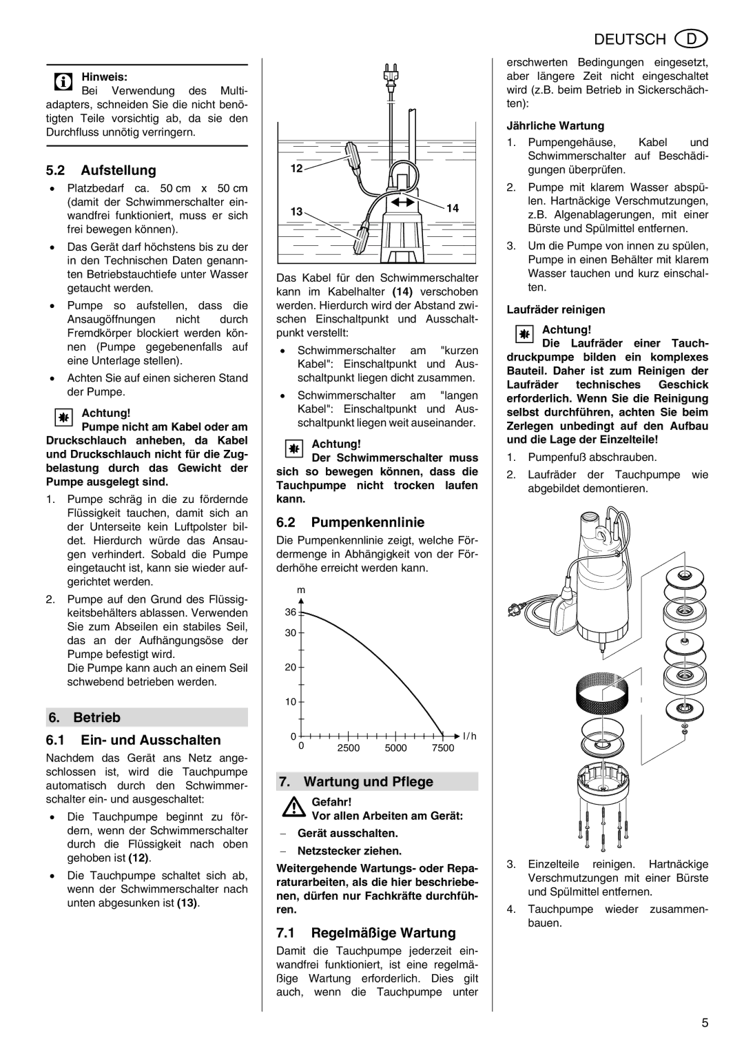 Metabo TDP 7500 S Aufstellung, Betrieb Ein- und Ausschalten, Pumpenkennlinie, Wartung und Pflege, Regelmäßige Wartung 