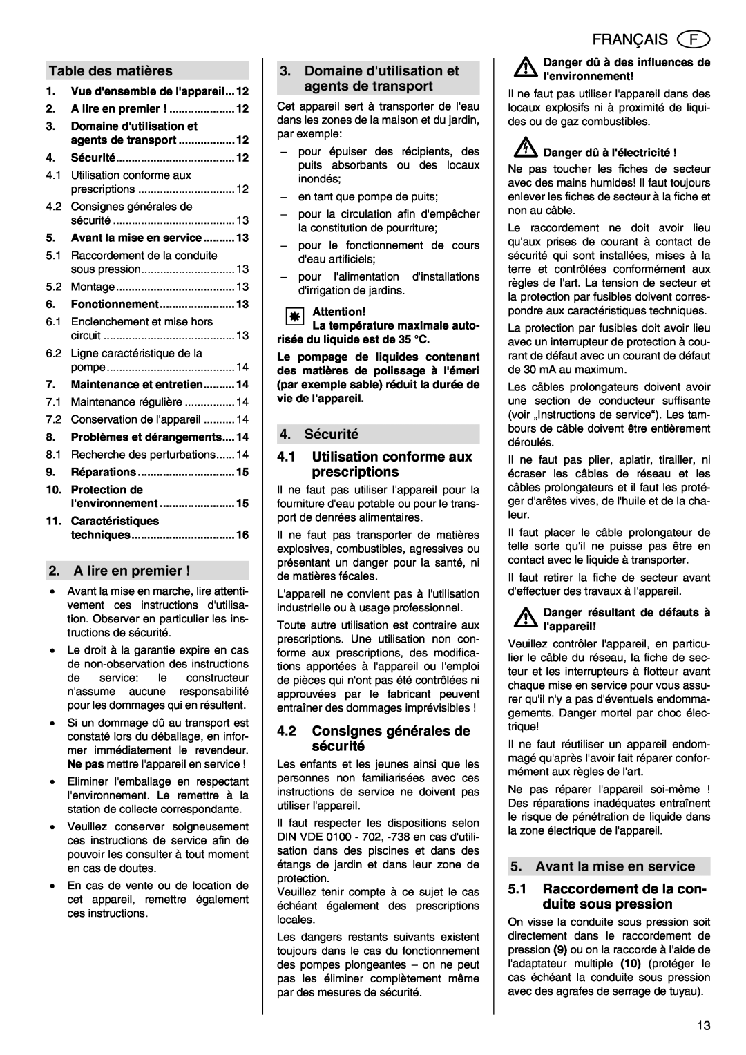 Metabo TDP 7500 S manual Français, Table des matières, A lire en premier, Domaine dutilisation et agents de transport 