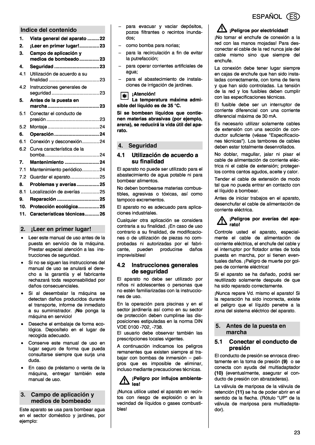 Metabo TDP 7500 S manual Español, Indice del contenido, 2. ¡Leer en primer lugar, Campo de aplicación y medios de bombeado 