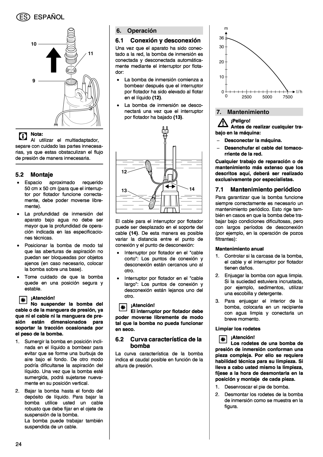 Metabo TDP 7500 S manual Español, 5.2Montaje, Operación 6.1Conexión y desconexión, 6.2Curva característica de la bomba 