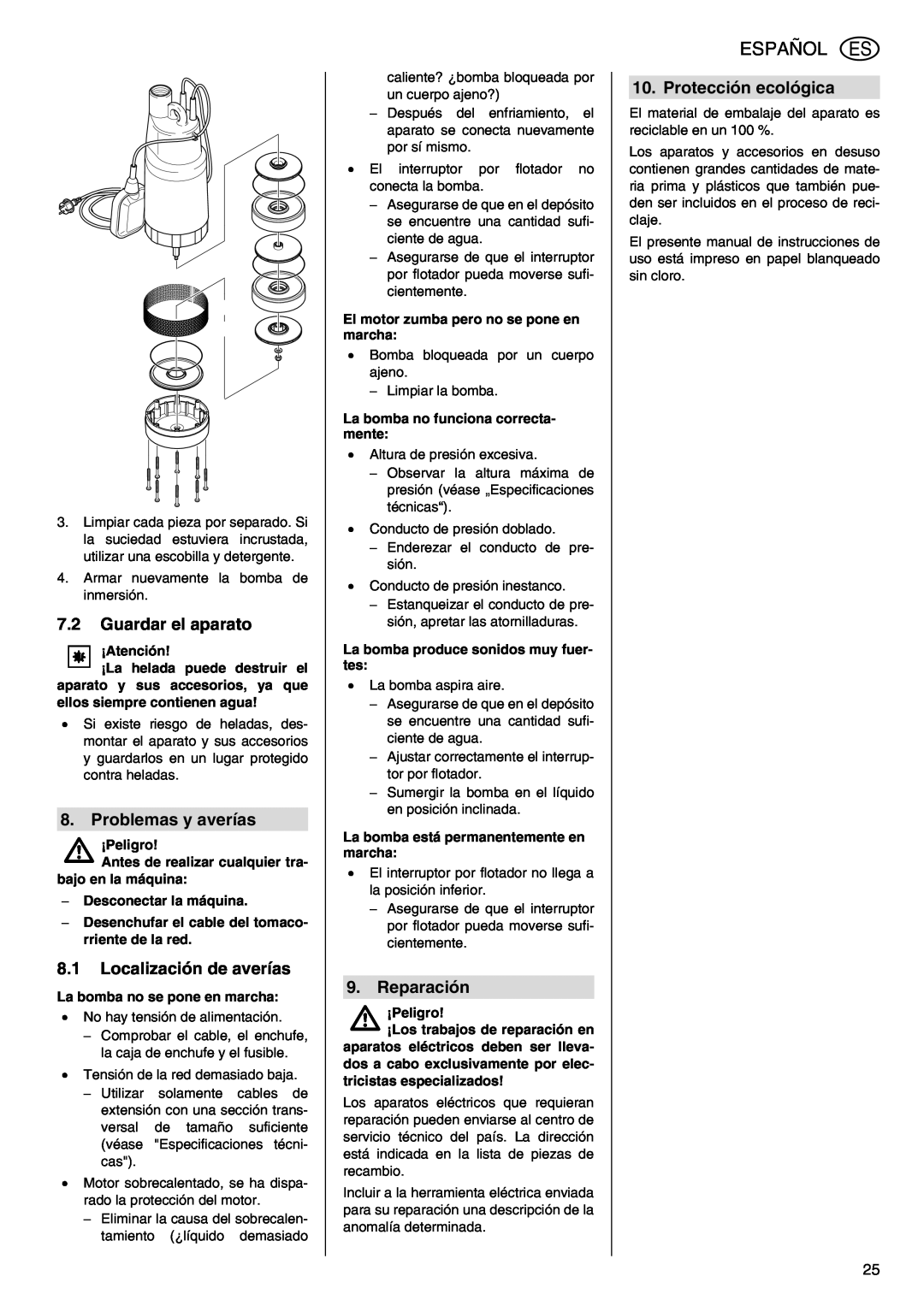 Metabo TDP 7500 S manual Español, 7.2Guardar el aparato, Problemas y averías, 8.1Localización de averías, Reparación 