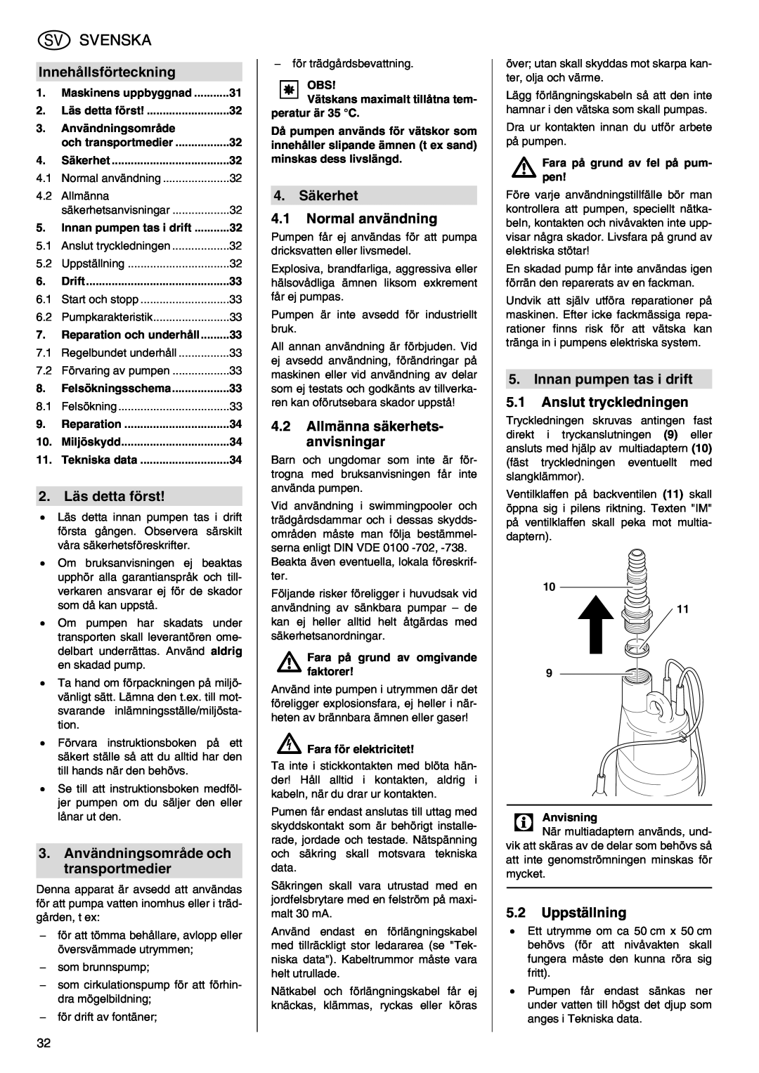 Metabo TDP 7500 S manual Svenska, Innehållsförteckning, 2. Läs detta först, 3.Användningsområde och transportmedier 