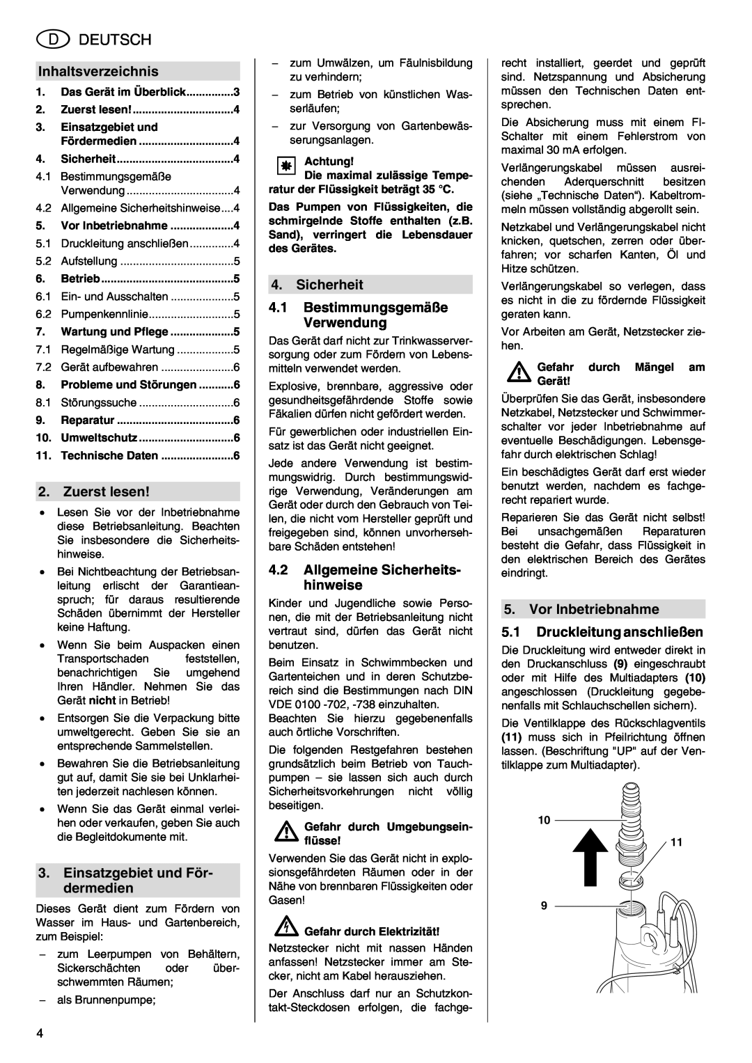 Metabo TDP 7500 S manual Deutsch, Inhaltsverzeichnis, Zuerst lesen, Einsatzgebiet und För- dermedien 