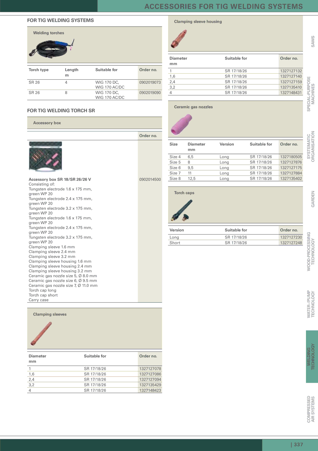 Metabo TIG 170 AC/DC manual Accessories for TIG Welding Systems, For TIG Welding Systems, For TIG Welding Torch SR 