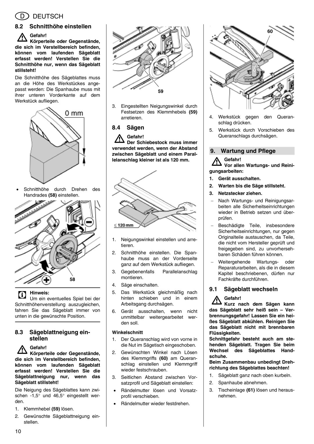 Metabo TS 250 Schnitthöhe einstellen, Sägeblattneigung ein- stellen, Sägen, Wartung und Pflege, Sägeblatt wechseln 