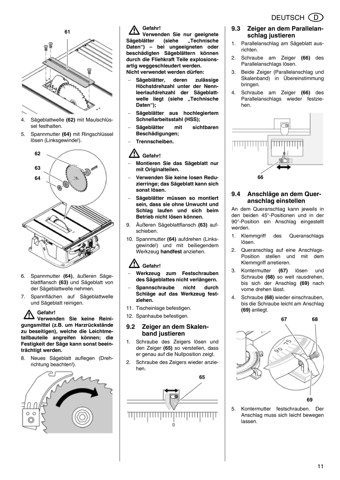 Metabo TS 250 operating instructions Zeiger an dem Skalen- band justieren, Zeiger an dem Parallelan- schlag justieren, 6768 