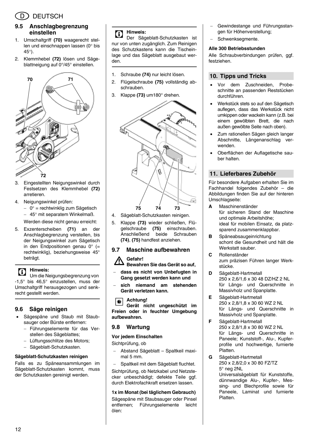 Metabo TS 250 Anschlagbegrenzung einstellen, Säge reinigen, Maschine aufbewahren, Wartung, Tipps und Tricks 