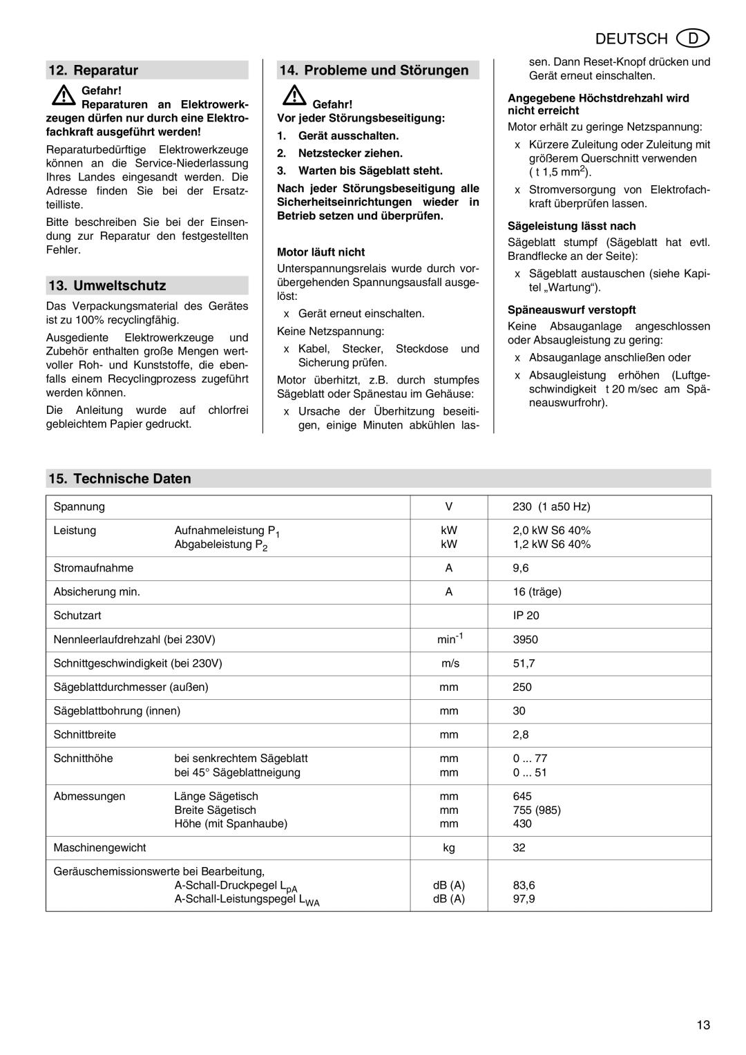 Metabo TS 250 operating instructions Reparatur, Umweltschutz, Probleme und Störungen, Technische Daten 