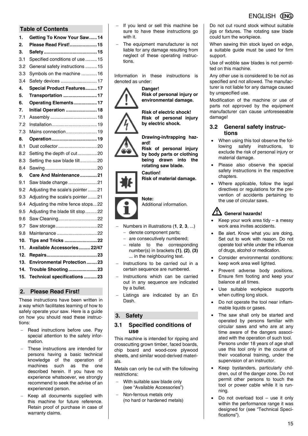 Metabo TS 250 Table of Contents, Please Read First, Safety Specified conditions of use, General safety instruc- tions 