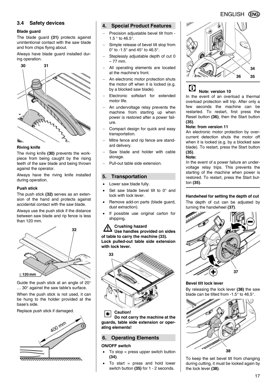 Metabo TS 250 operating instructions Safety devices, Special Product Features, Transportation, Operating Elements 