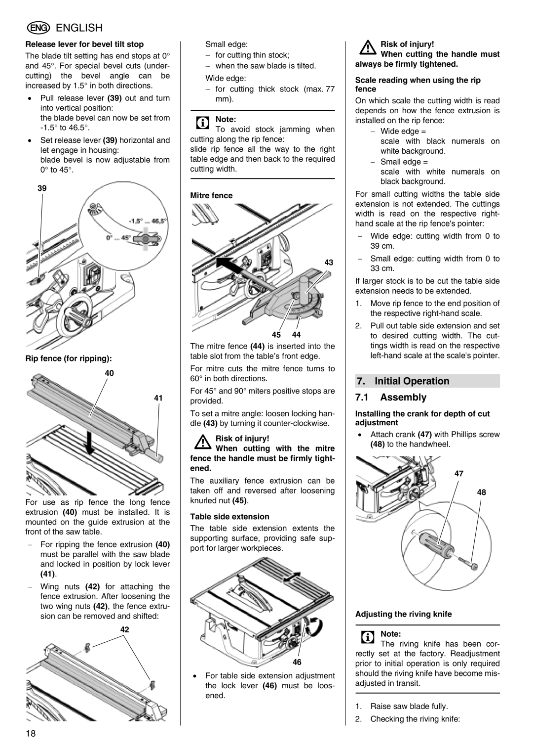 Metabo TS 250 operating instructions Initial Operation Assembly 