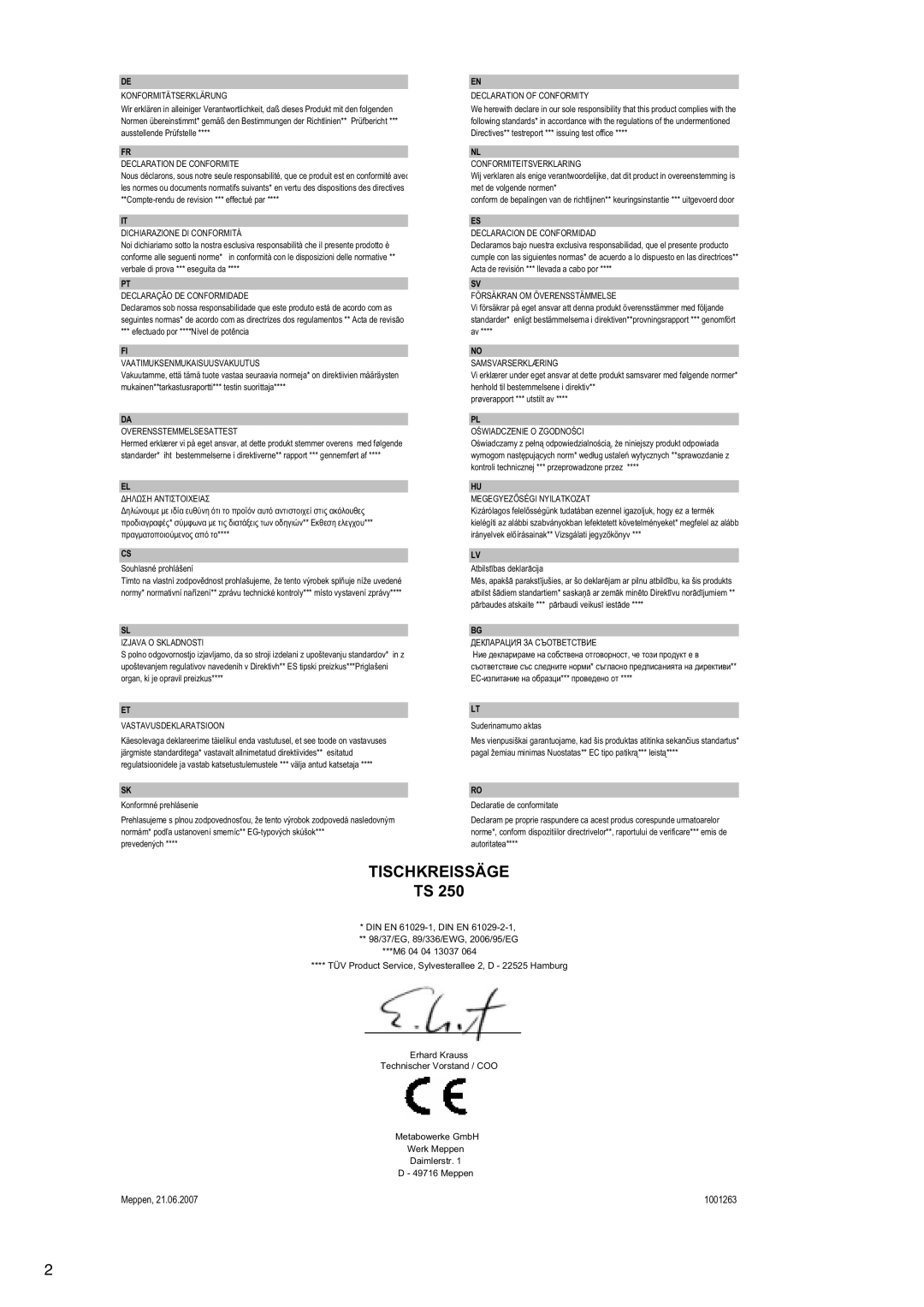 Metabo TS 250 operating instructions Tischkreissäge 