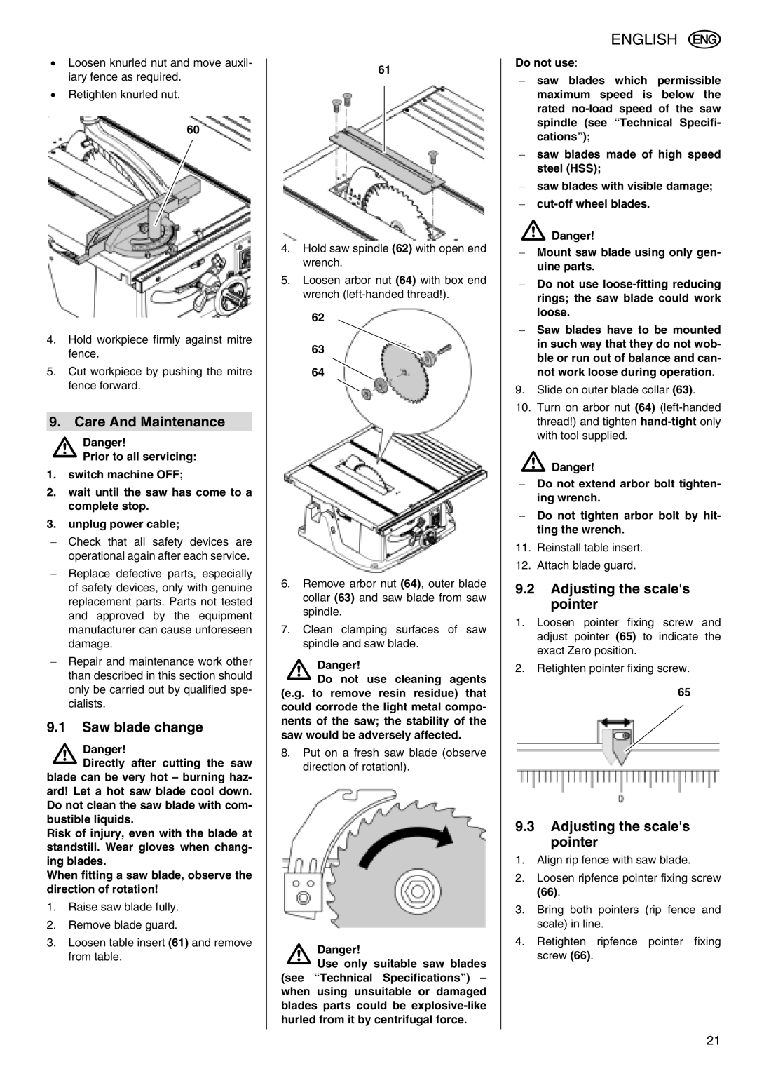 Metabo TS 250 operating instructions Care And Maintenance, Saw blade change, Adjusting the scales pointer 