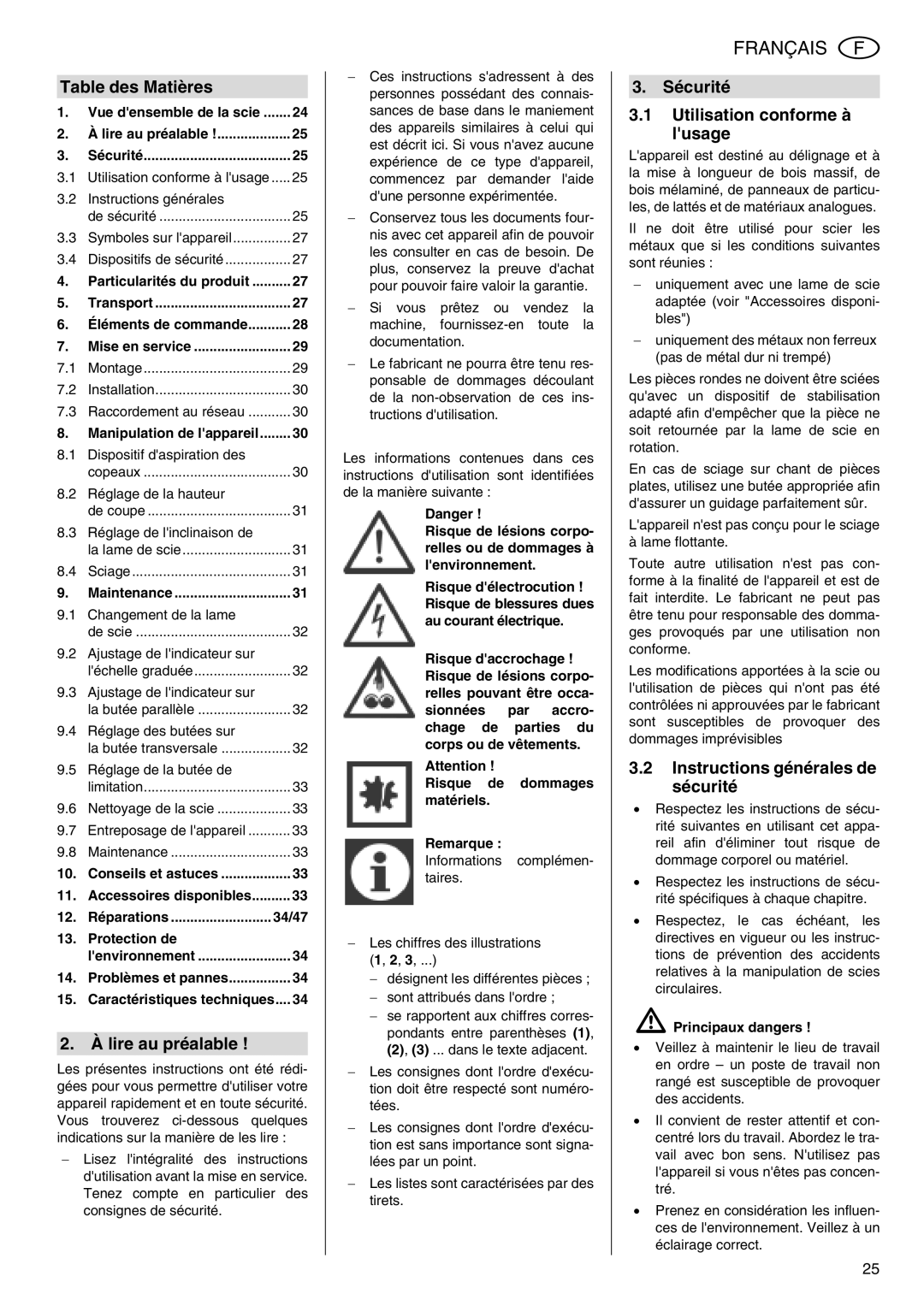 Metabo TS 250 operating instructions Table des Matières, Lire au préalable, Sécurité Utilisation conforme à lusage 