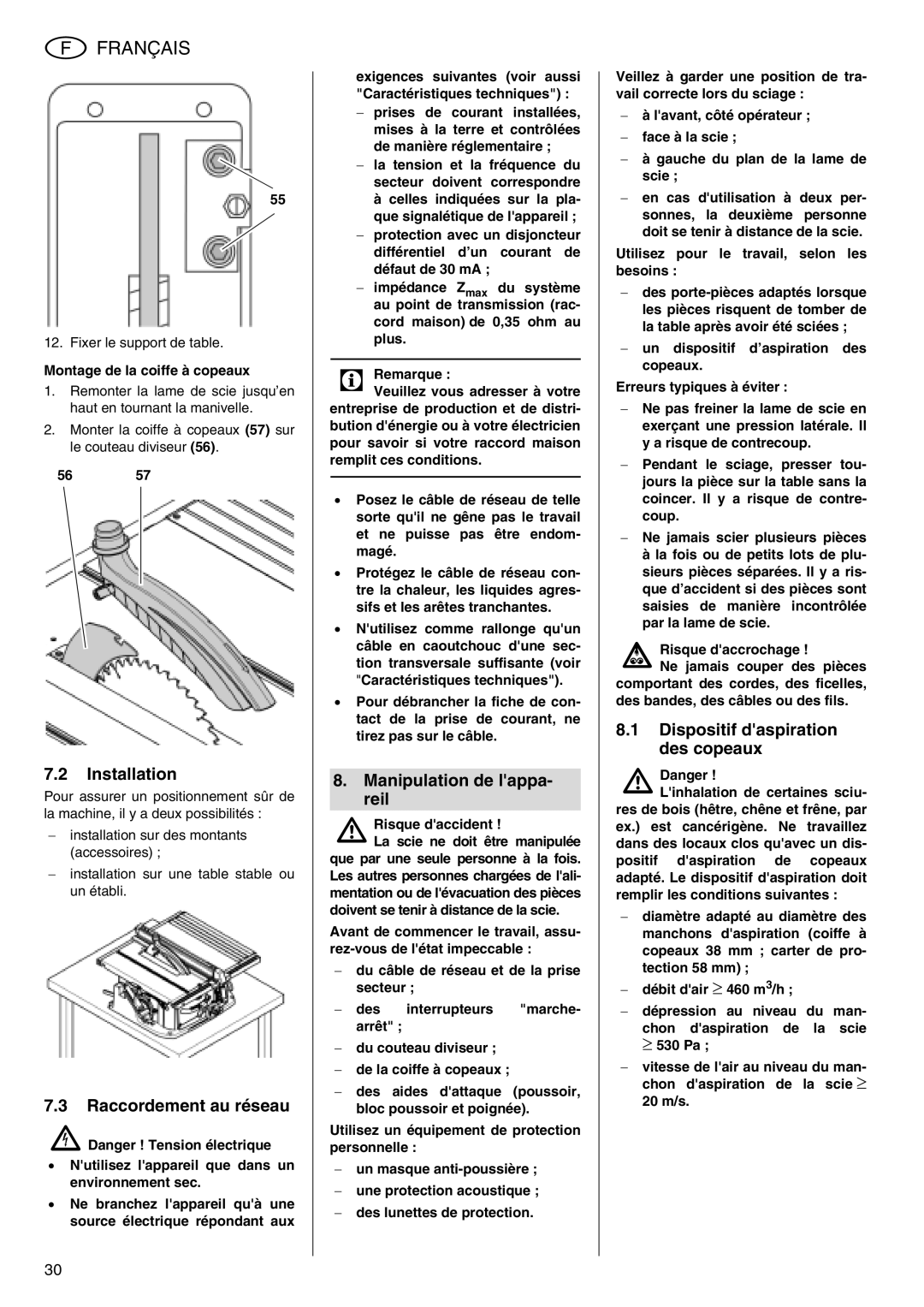 Metabo TS 250 Raccordement au réseau, Manipulation de lappa- reil, Dispositif daspiration des copeaux 