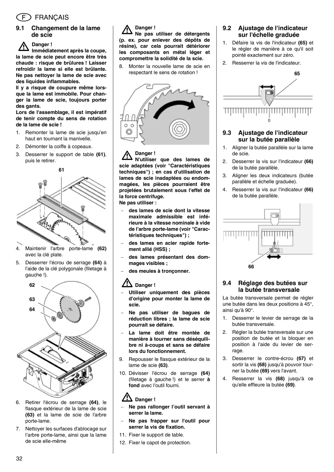 Metabo TS 250 operating instructions Changement de la lame de scie, Ajustage de lindicateur sur léchelle graduée 