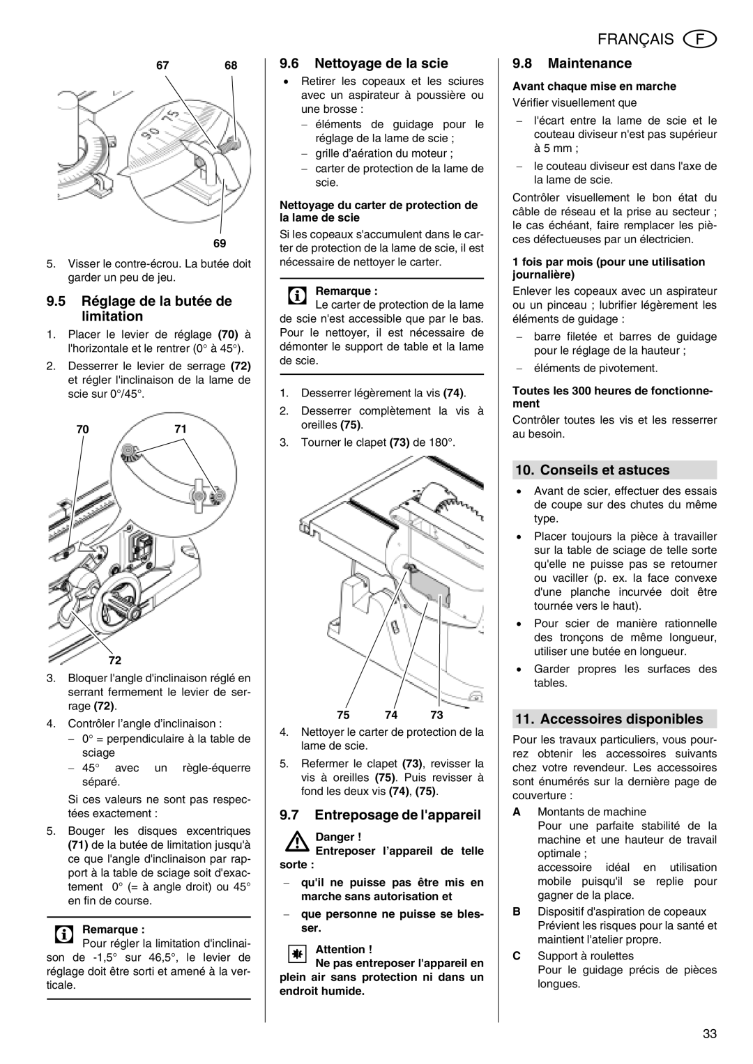 Metabo TS 250 Réglage de la butée de limitation, Nettoyage de la scie, Entreposage de lappareil, Conseils et astuces 