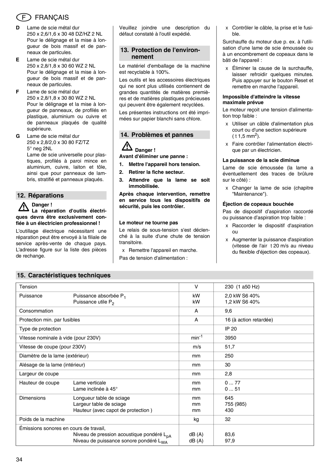 Metabo TS 250 12. Réparations, Protection de lenviron- nement, Problèmes et pannes, Caractéristiques techniques 