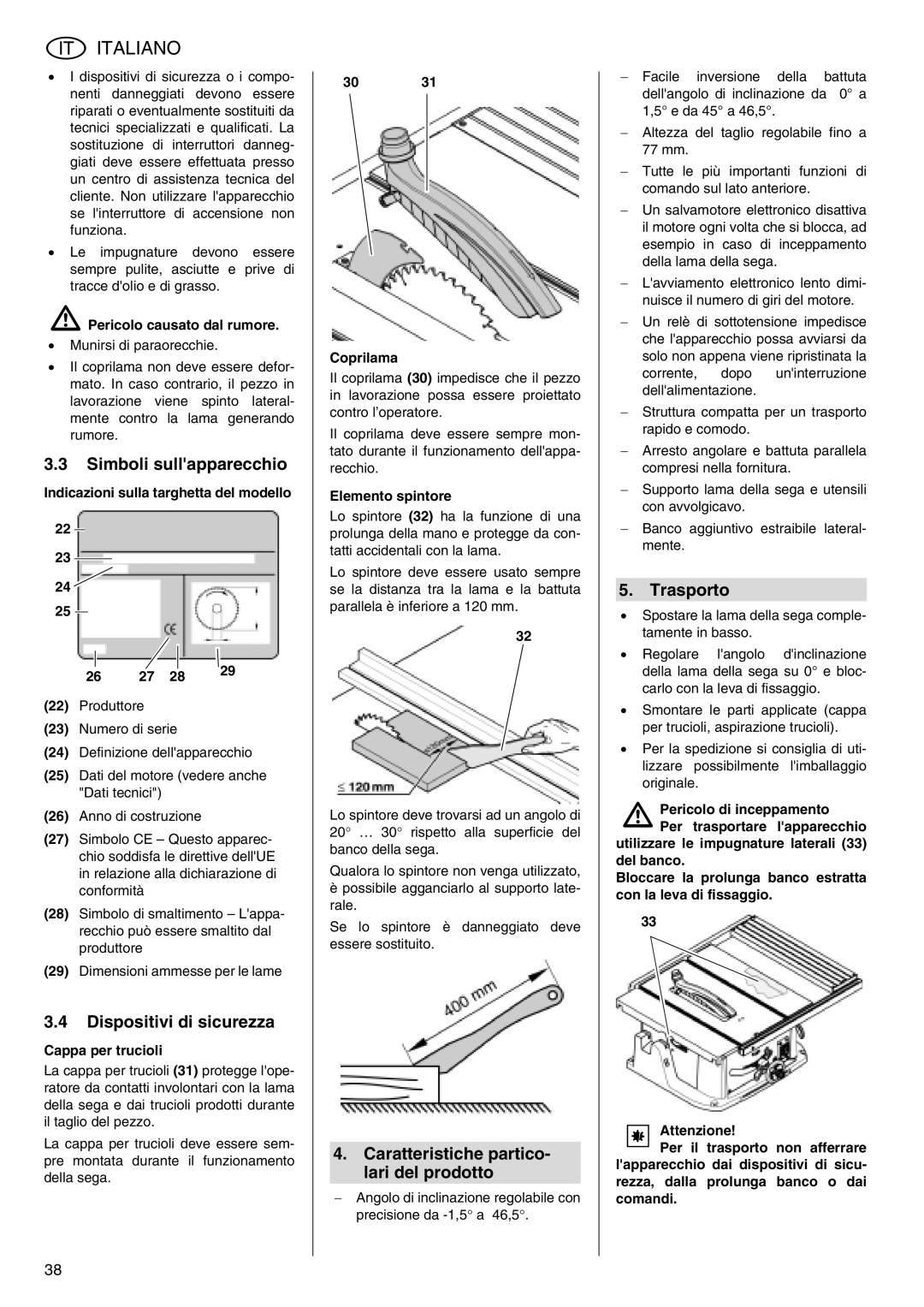 Metabo TS 250 Simboli sullapparecchio, Dispositivi di sicurezza, Caratteristiche partico- lari del prodotto, Trasporto 