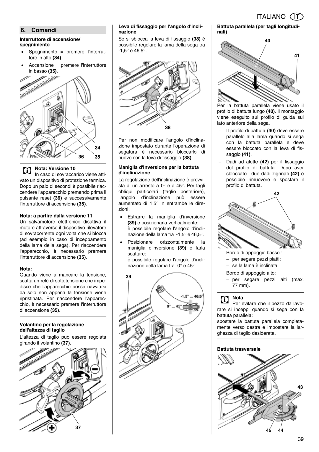 Metabo TS 250 operating instructions Comandi 