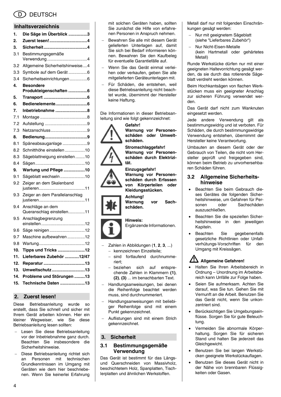 Metabo TS 250 Inhaltsverzeichnis, Zuerst lesen, Sicherheit Bestimmungsgemäße Verwendung, Allgemeine Sicherheits- hinweise 