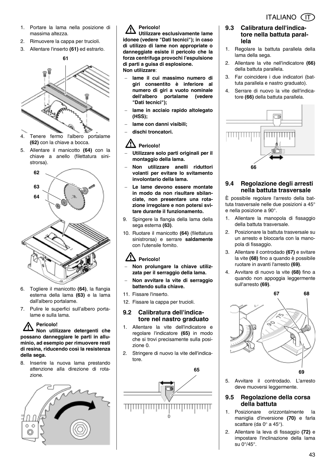 Metabo TS 250 Calibratura dellindica- tore nel nastro graduato, Calibratura dellindica- tore nella battuta paral- lela 