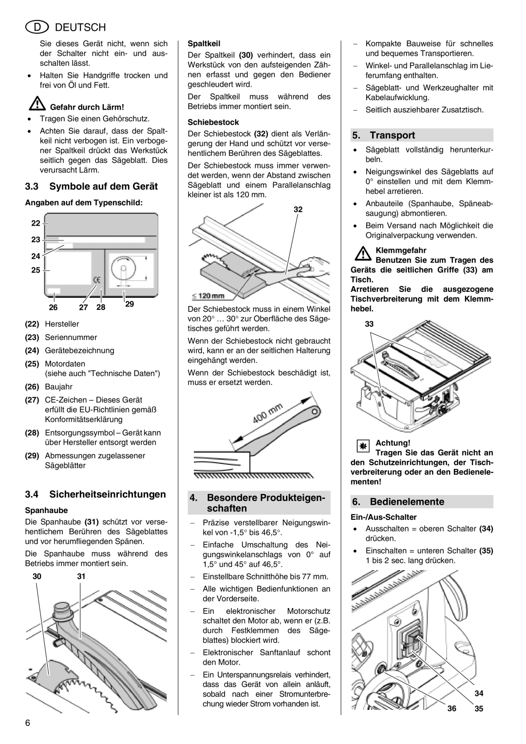 Metabo TS 250 Symbole auf dem Gerät, Sicherheitseinrichtungen, Besondere Produkteigen- schaften, Transport, Bedienelemente 