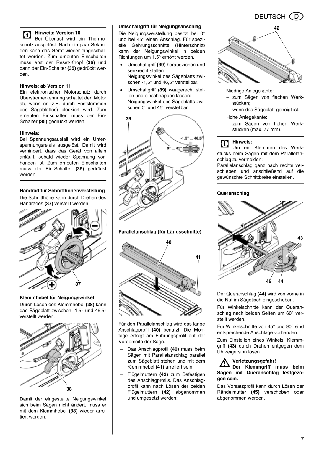 Metabo TS 250 Hinweis Version, Hinweis ab Version, Handrad für Schnitthöhenverstellung, Klemmhebel für Neigungswinkel 