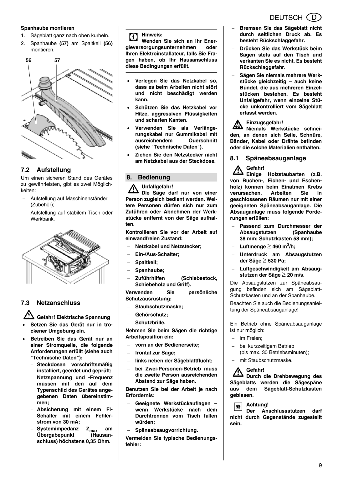 Metabo TS 250 operating instructions Aufstellung, Netzanschluss, Bedienung, Späneabsauganlage 