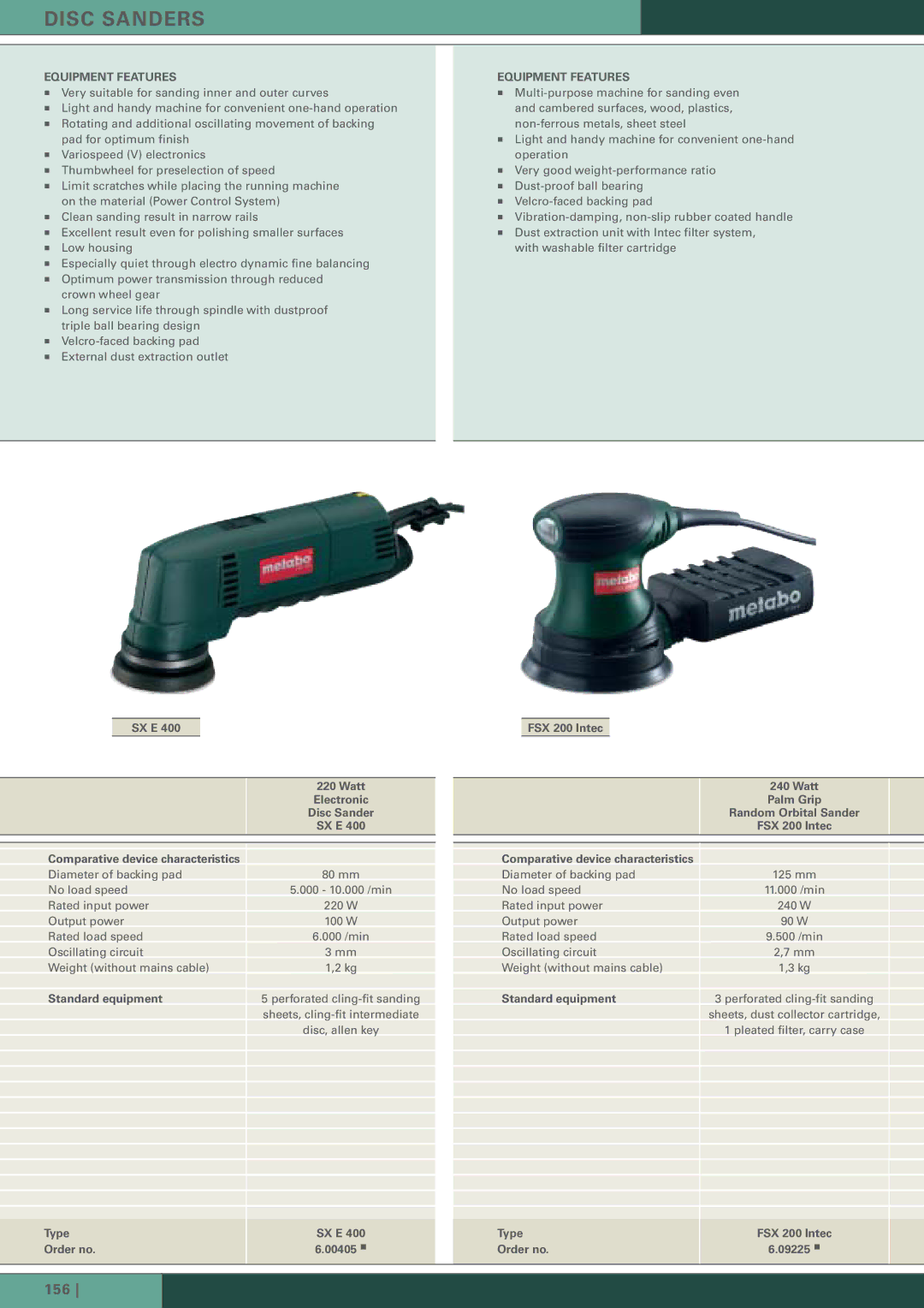 Metabo Wood Sanding Machine manual Disc Sanders, SX E Watt Electronic Disc Sander, FSX 200 Intec Watt, Type Order no 