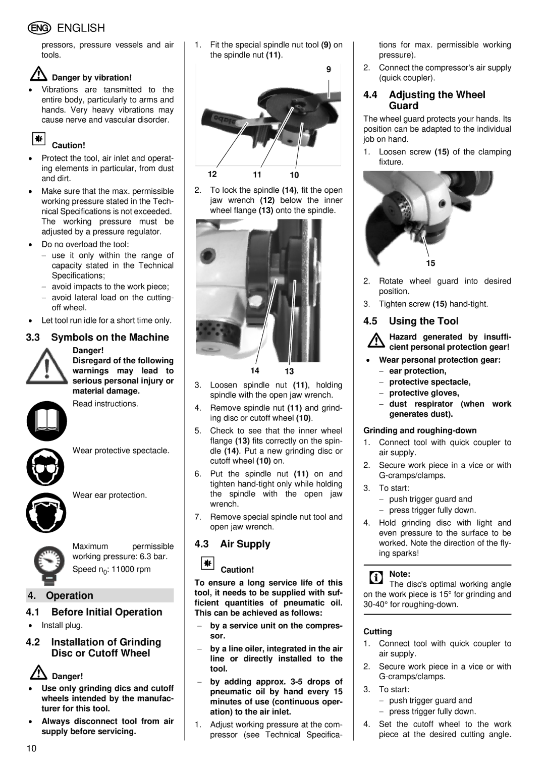 Metabo WS 7400 Symbols on the Machine, Operation Before Initial Operation, Installation of Grinding Disc or Cutoff Wheel 