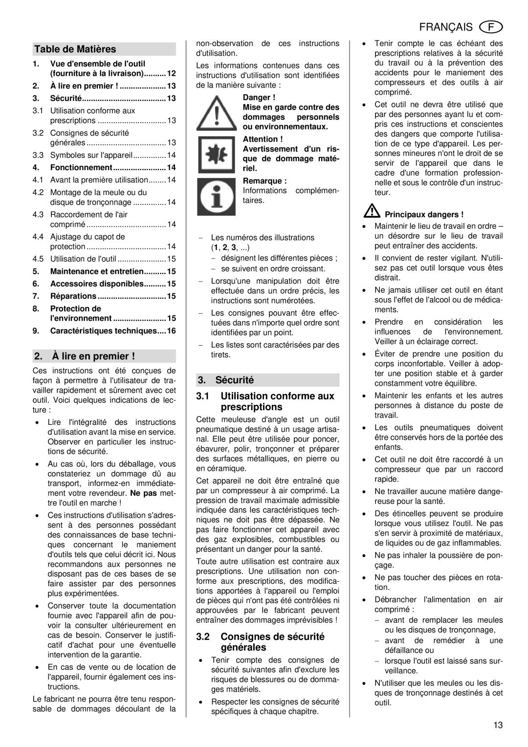 Metabo WS 7400 operating instructions Table de Matières, Lire en premier, Sécurité Utilisation conforme aux prescriptions 