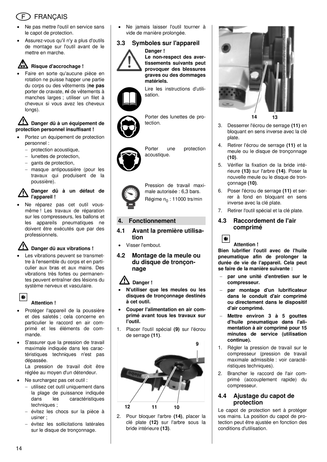 Metabo WS 7400 Symboles sur lappareil, Fonctionnement Avant la première utilisa- tion, Raccordement de lair comprimé 