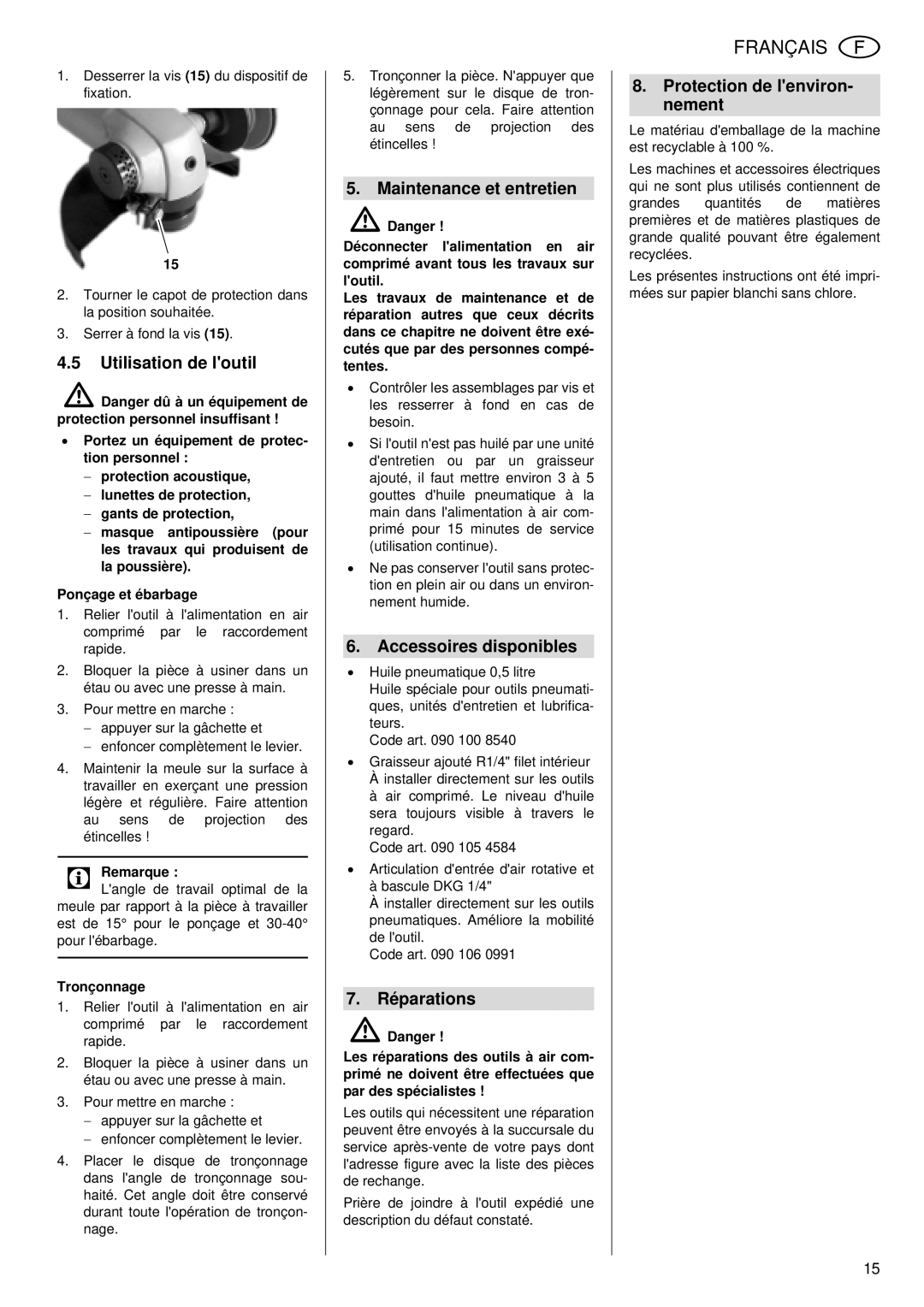 Metabo WS 7400 operating instructions Utilisation de loutil, Maintenance et entretien, Accessoires disponibles, Réparations 