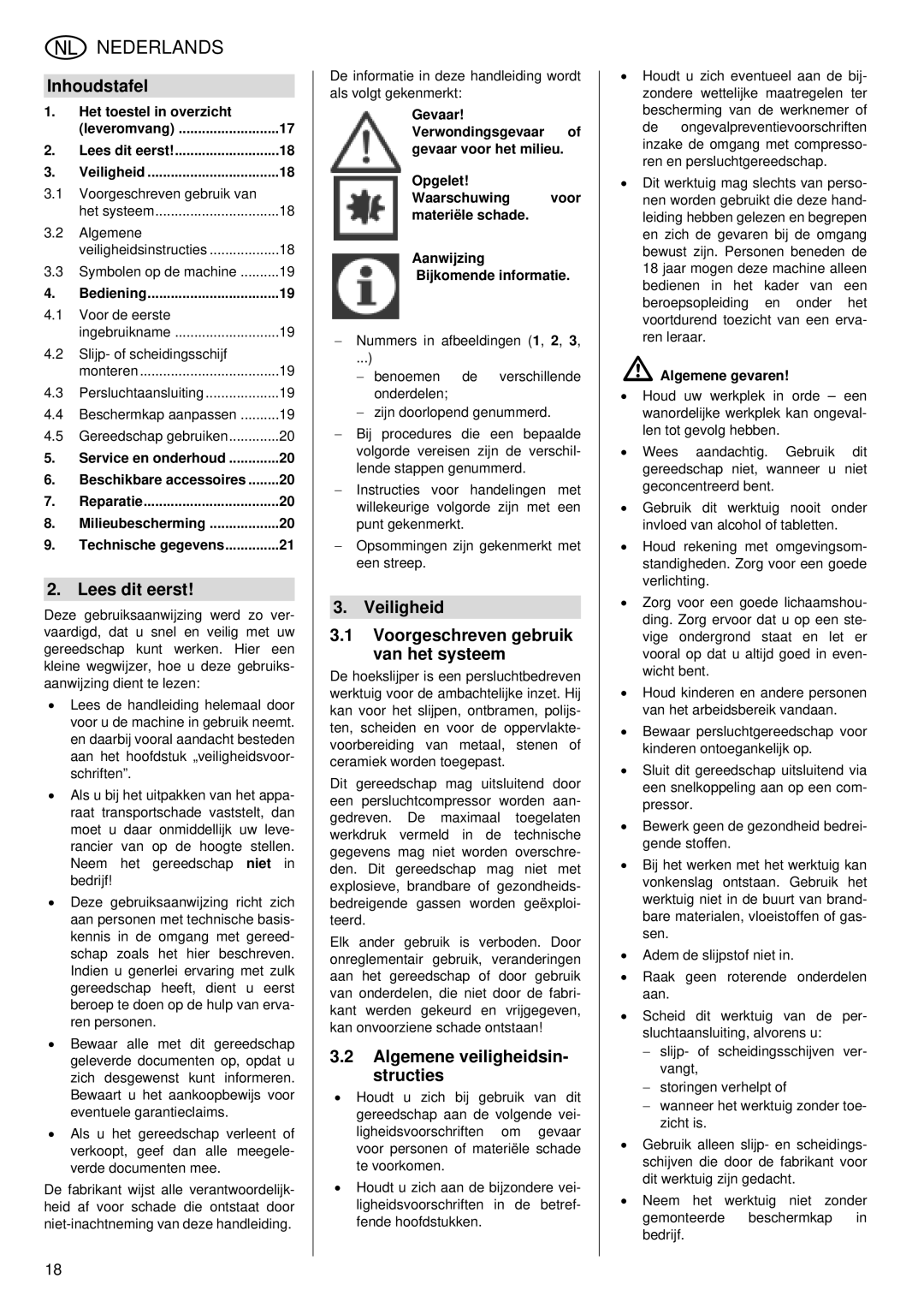 Metabo WS 7400 operating instructions Inhoudstafel, Lees dit eerst, Veiligheid Voorgeschreven gebruik van het systeem 