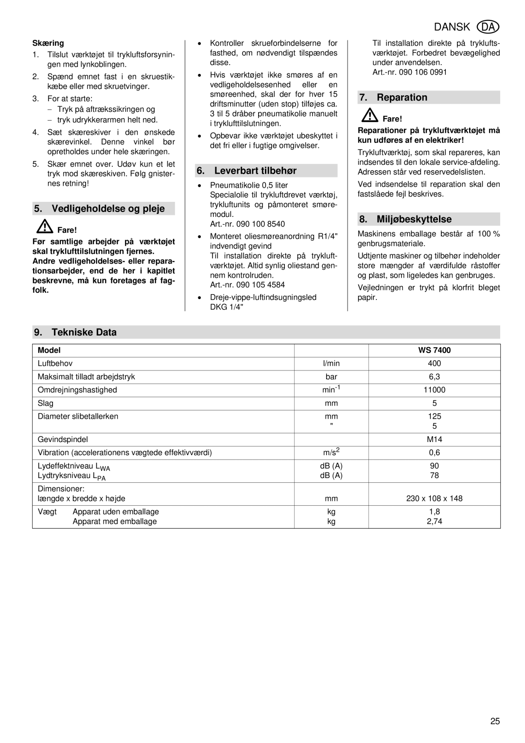 Metabo WS 7400 Vedligeholdelse og pleje, Leverbart tilbehør, Reparation, Miljøbeskyttelse, Tekniske Data 