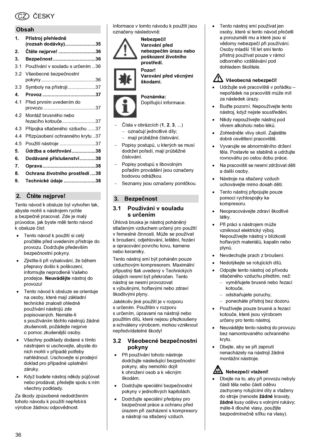 Metabo WS 7400 Obsah, Čtěte nejprve, Bezpečnost Používání v souladu s určením, Všeobecné bezpečnostní pokyny 