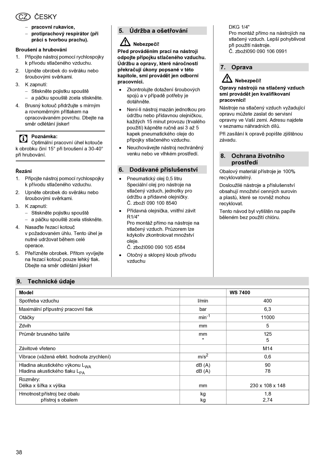 Metabo WS 7400 Údržba a ošetřování, Dodávané příslušenství, Oprava, Ochrana životního prostředí, Technické údaje 