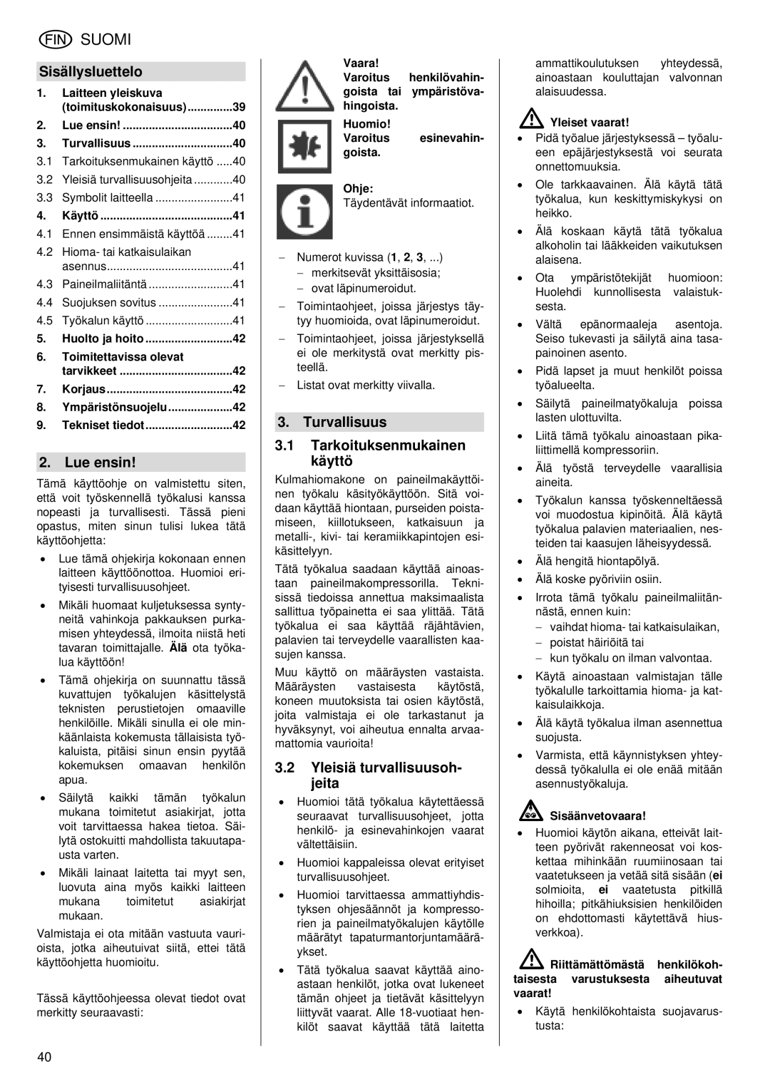 Metabo WS 7400 Sisällysluettelo, Tarkoituksenmukainen, Lue ensin Käyttö, Yleisiä turvallisuusoh, Jeita 