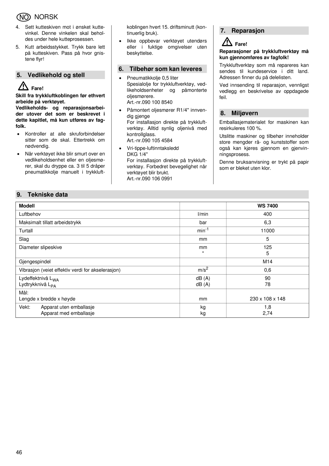 Metabo WS 7400 operating instructions Vedlikehold og stell, Tilbehør som kan leveres, Reparasjon, Miljøvern 