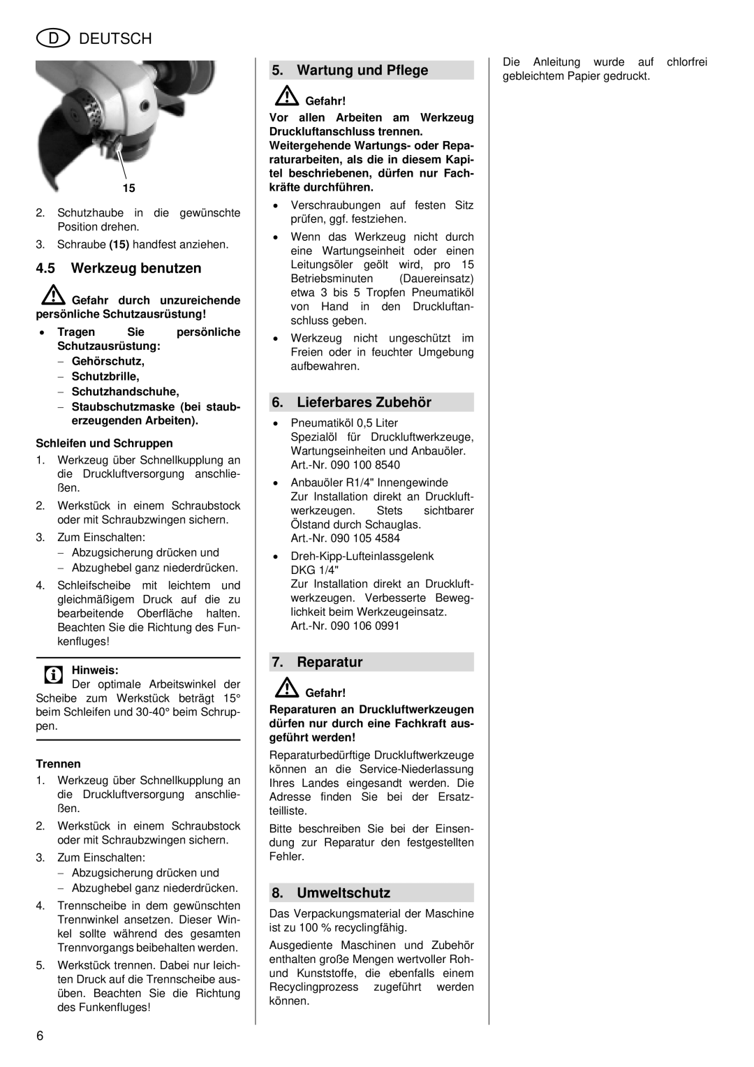 Metabo WS 7400 operating instructions Werkzeug benutzen, Wartung und Pflege, Lieferbares Zubehör, Reparatur, Umweltschutz 